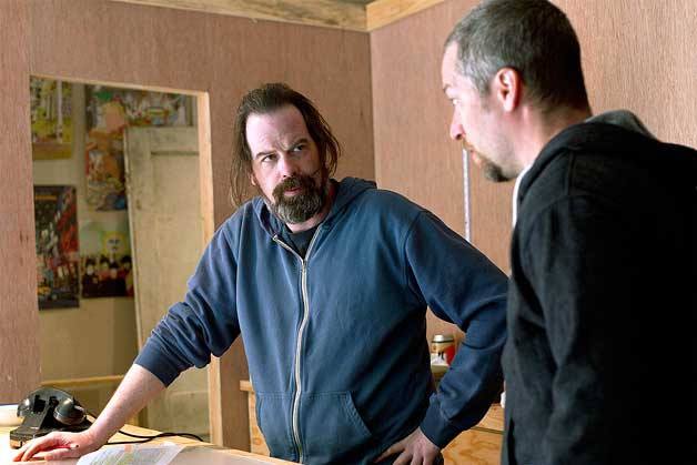 Ted Dowling and Chris Soldevilla work through a recent rehearsal of David Mamet’s “American Buffalo.” The Swinging Hammer Productions show