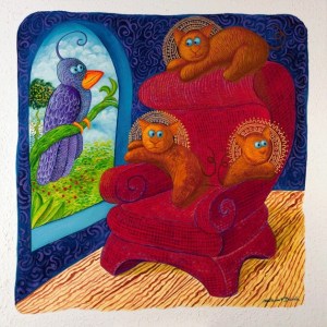 “Three Cats With Halos” will be one of the featured paintings at the BPA’s Stewart Daniels exhibit this upcoming First Fridays Art Walk.