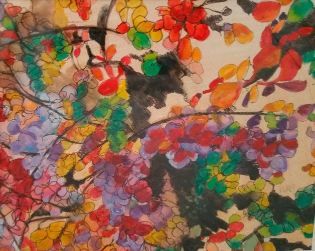 “Fall Aglow” by Mary Agrell Stroeing (8x11 in watercolor