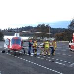Image courtesy of the Bainbridge Island Fire Department Three people were hurt after a 1994 Dodge Caravan careened off the road just before 7 a.m. Sunday, Oct. 30 and landed in the woods just north of the Bainbridge ferry terminal, including the driver who was air lifted to a Seattle hospital.