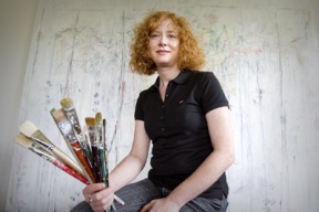 Artist Sharon Strauss in her studio. Strauss