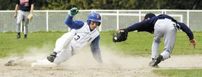 Sam Donnally makes it to third base . Simon Pollack would single him home