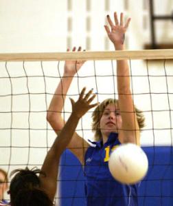 Ashley Anderson jumps for a block.