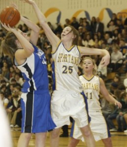 Spartan Julia Weese blocks a shot by Seattle Prep Allie Urban.