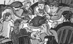 “Feast” (above) by Sally Robison is among the works on display at the BAC Gallery during “Food for Thought.”