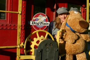 Sandra Boynton snuggles up to Conductor Dog from her latest book.