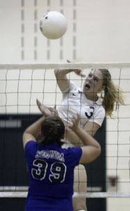 Outside hitter Sarah Braun rips a cross-court kill during practice Thursday.