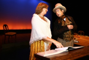 Robin Denis (as Lady Croom) and Tim Tully (Richard Noakes) discuss the finer points of Romantic-era landscape design