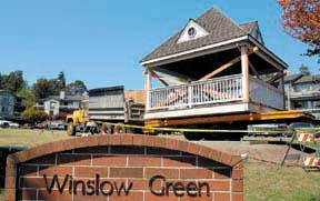 Still on a trailer the gazebo awaits its deposit onto Winslow Green Friday.