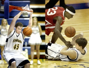 (Left) Coby Gibler slams one down in the fourth quarter during Bainbridge's game against Cleveland in their 3A Sea-King District quarterfinal game Friday. The senior post had 17 points