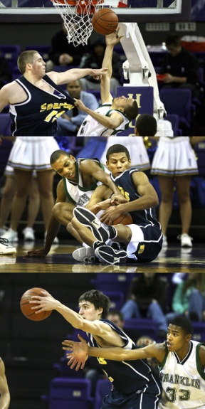(Top) Coby Gibler can’t make the block on Franklin’s Venoy Overton as he takes it to the hole. Gibler had 19 points and 14 rebounds. (Middle) Steven Gray fights with a Franklin player for a loose ball. Gray had 22 points but shot 8 for 24 from the floor. (Bottom) Nick Fling takes the ball from Franklin’s Sterling Carter. The Quakers defeated the Spartans 73-64 Monday at the 2007 King Classic at the Bank Of America Arena on the UW campus.
