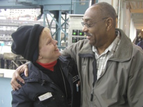 Bill “Good Morning Guy” Cowings bids farewell to fellow ferry worker Lois Johnson. He retired last week after 15 years with WSF.