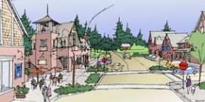 A sketch of proposed commercial properties (left) along Pleasant Beach Drive in Lynwood Center.