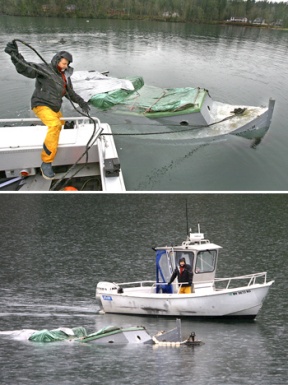 (Top) Bob Schoonmaker ties a line to the  sunken schooner “Reba H” to drag it to shore in Blakely Harbor this week. Neighbors called the Harbor Commission when the vessel went down.