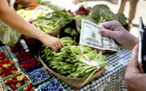 A market customer pays top dollar for Butler Green’s organic produce.