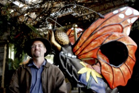 Carousel craftsman Brent White and “Beatrice” in the Kids Discovery Museum.
