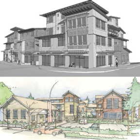 (Top) The Seabreeze project at Madison/Bjune will cluster three “wharf-like” buildings around a courtyard