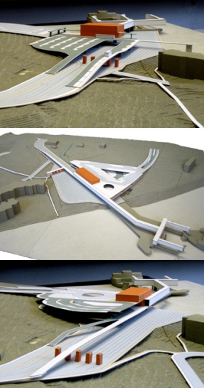 The latest versions of the Bainbridge ferry terminal designs. Alternative one (top) includes a transit deck located above a 575-car holding area. Alternative two (middle) shows a slightly smaller 440-car holding area. Alternative three (bottom) minimizes over-water coverage.