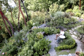 Al Gidari enjoys the lush gardens behind his Fort Ward Hill Road home overlooking Rich Passage.