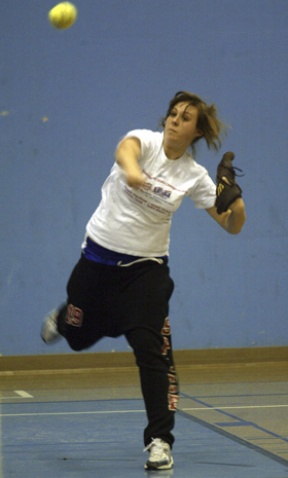 Stephanie Wagner warms up in the Commodore gym. The junior third baseman  led the team with 18 RBIs and had a .315 batting average last season.