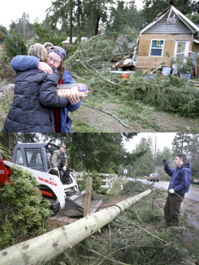 (Clockwise from top) Murphy Davis hugs neighbor Jan Jackson after surveying damage to Davis’ High School Road home windstorm. Mark and Murphy Davis narrowly escaped a falling fir tree in high winds early Friday. Volunteers helped clear the debris and cover the damaged home with tarps.