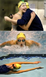 (Top:) Bainbridge High School sophomore Julie Pendleton hugs teammates Keziah Beall after her second-place finish in the consolation final of the 200 individual medley of the 3A state swimming tournament Saturday at the King County Aquatic Center in Federal Way.