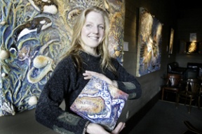 Taunzer Laura McKim is opening a new series of collage acrylic work at the Winslow Way Cafe downtown. Her 20 square-foot pieces are part of the “Dancing Winds Portal” series. Her display runs until late April.