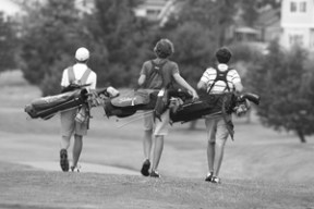 (L-R): Freshman Jack Seidl and juniors Nico Papajani and Will de van Derschueren make the rounds at Wing Point Golf & Country Club.