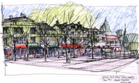 A conceptual drawing of a new plaza next to a rebuilt Town & Country.