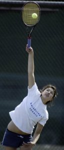 Spartans Whitney Cheng offers up a mighty serve during recent tennis action.