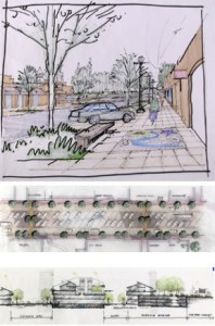 Conceptual drawings on parking improvements to emerge from the Winslow Tomorrow design charrette suggest shared space for parked cars and pedestrians (top); parking in the center of Winslow Way (middle); and a multi-level parking garage cut into the slope behind Winslow Way’s north side businesses. Designers crafted designs aimed at making parking plentiful