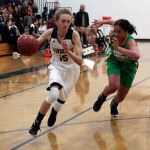 Luciano Marano | Bainbridge Island Review                                Spartan freshman Olivia Wikstrom drives toward the hoop last Friday. The Spartans were ultimately bested by Bishop Blanchet in their second home outing of the year.