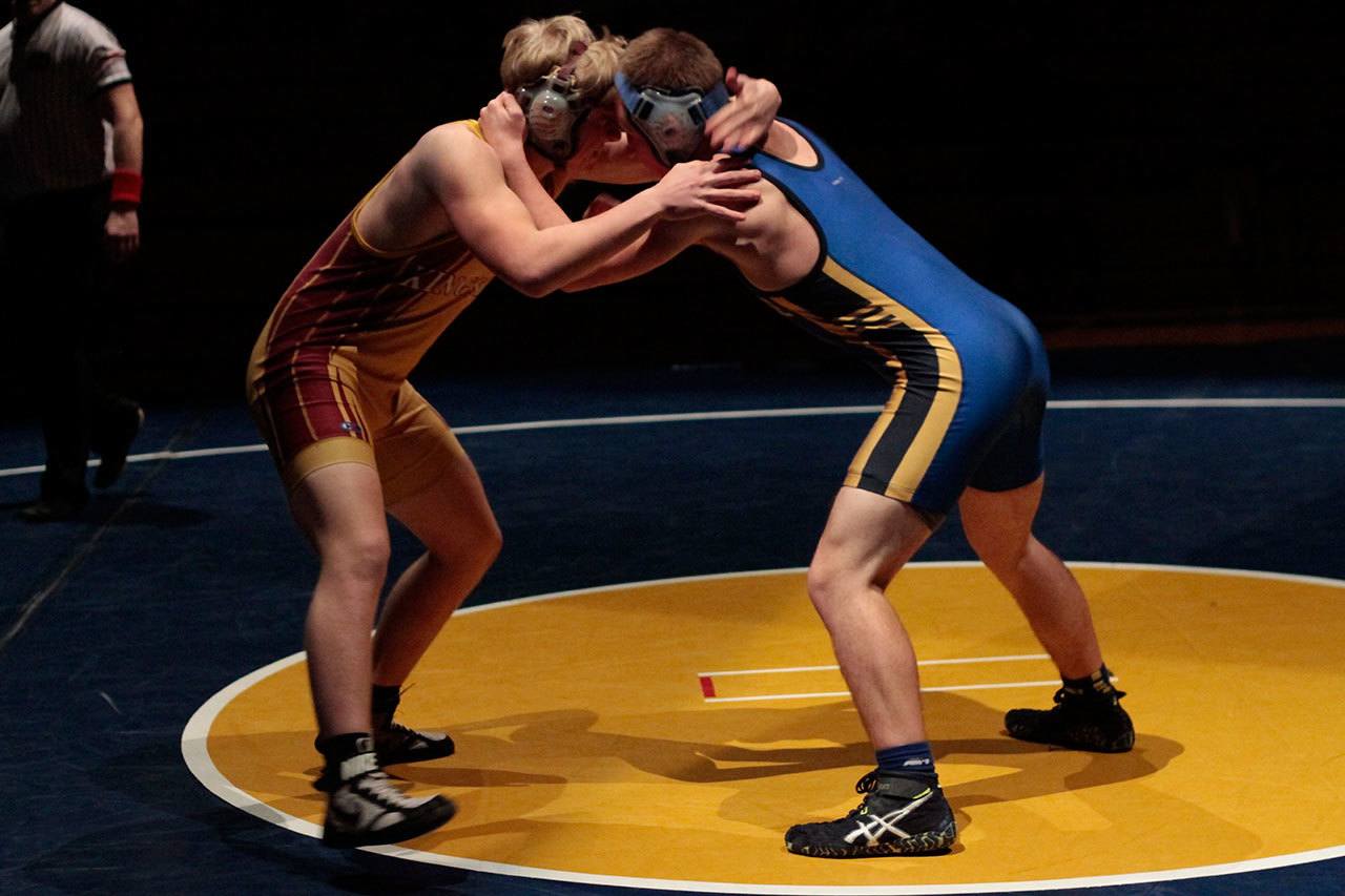 Luciano Marano | Bainbridge Island Review                                Nate Michaels on the mat in the second match of Tuesday&rsquo;s night&rsquo;s home wrestling meet.