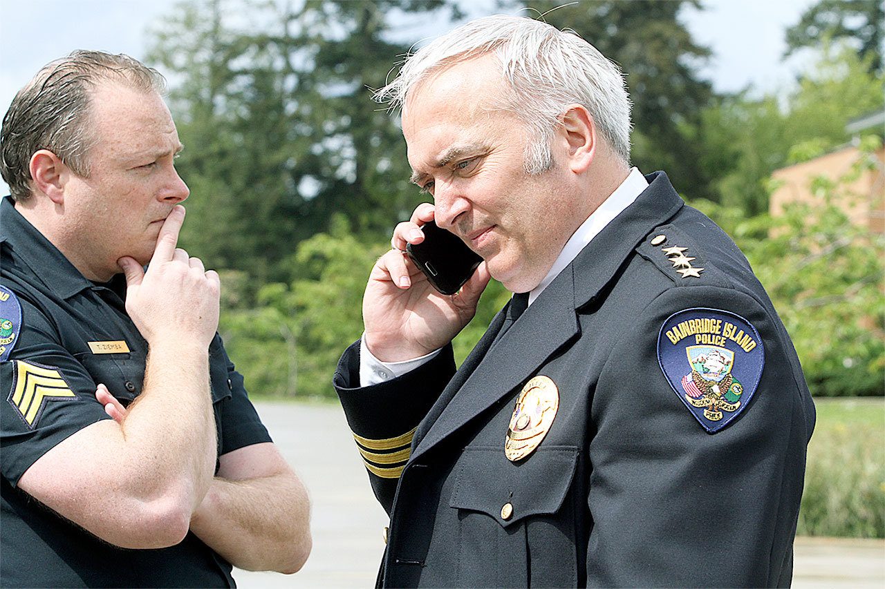 Brian Kelly | Bainbridge Island Review                                Bainbridge Island Police Chief Mathew Hamner (right) addressed the latest Citizen&rsquo;s Police Academy Class during the first session last week.