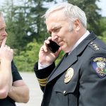 Brian Kelly | Bainbridge Island Review                                Bainbridge Island Police Chief Mathew Hamner (right) addressed the latest Citizen&rsquo;s Police Academy Class during the first session last week.