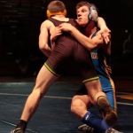 Luciano Marano | Bainbridge Island Review                                Spartan sophomore Oleg Maguire was edged out in a 12-11 decision win by Eli Teagle in the 132-pound face-off Tuesday.