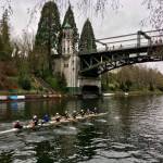 Photo courtesy of Brandon Fleet | Bainbridge Island Rowing Men&rsquo;s Masters Eight oar crew asserts a dominant lead through the Montlake Cut in the masters men 8+ (eight oarsmen plus coxswain) event last Saturday at the Husky Open Rowing Regatta hosted by University of Washington.