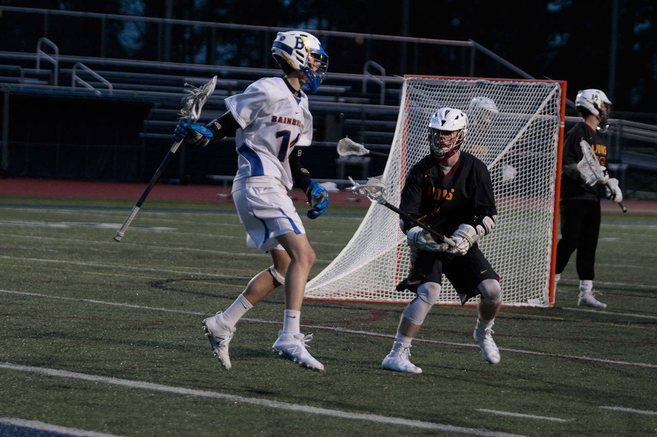 Luciano Marano | Bainbridge Island Review &mdash; Bainbridge&rsquo;s Nate Constan looks for an opening near the net during Tuesday&rsquo;s home match against Lakeside.