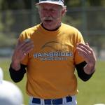 Luciano Marano | Bainbridge Island Review - Gregg &ldquo;Mez&rdquo; Mesmer addresses the Bainbridge High School varsity baseball team after the final game of the year.