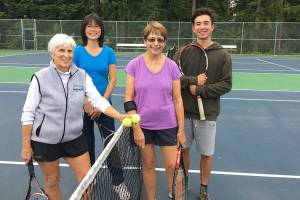 Photo courtesy of Julie Riely | Ann Frothingham, Yolando Cole, Kathy Henrickson and BCTA Coordinator, John Tappen, gather at the net during a break in Social Doubles recently.                                 Photo courtesy of Julie Riely | Ann Frothingham, Yolando Cole, Kathy Henrickson and BCTA Coordinator, John Tappen, gather at the net during a break in Social Doubles recently.                                 Photo courtesy of Julie Riely | Ann Frothingham, Yolando Cole, Kathy Henrickson and BCTA Coordinator, John Tappen, gather at the net during a break in Social Doubles recently.                                 Photo courtesy of Julie Riely | Ann Frothingham, Yolando Cole, Kathy Henrickson and BCTA Coordinator, John Tappen, gather at the net during a break in Social Doubles recently.