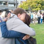 Nick Twietmeyer | The Bainbridge Island Review Kevin Bernstein hugs Brenda Fantroi-Johnson after she stepped forward to speak during the vigil.