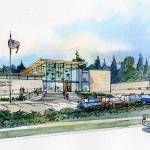 An architect&rsquo;s drawing of the two-story public safety center planned for NE New Brooklyn Road. (Image courtesy of the city of Bainbridge Island)