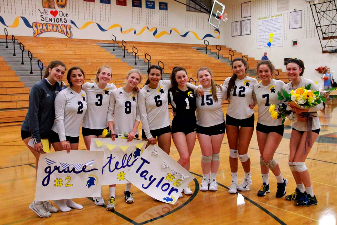 The seniors of the Bainbridge volleyball program gather for a photo on Senior Night: Gabi Dallman, Grace Cisneros, Maggie Sweeney, Stella Streufert, Taylor Jumpa, Olivia Marshall, Emily Tibbens, Sydney Maria, Erica Sprott and Hailey Capps. (Photo courtesy of Dominique Atherley)