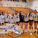 The seniors of the Bainbridge volleyball program gather for a photo on Senior Night: Gabi Dallman, Grace Cisneros, Maggie Sweeney, Stella Streufert, Taylor Jumpa, Olivia Marshall, Emily Tibbens, Sydney Maria, Erica Sprott and Hailey Capps. (Photo courtesy of Dominique Atherley)