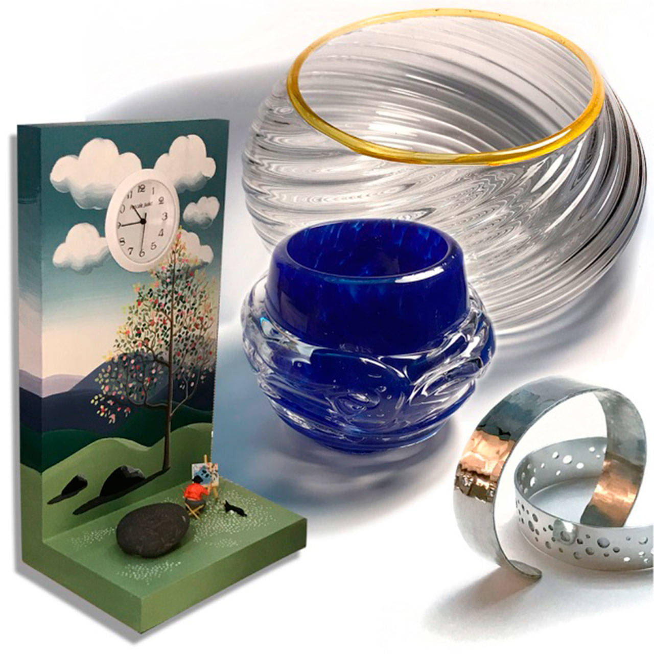 From left: Pascale Judet, Clock, mixed media. Merrilee Moore, Votive, glass. Janusz Pozniak, Bowl, glass. Erin Hewgley, Bracelets, sterling silver. (Photo courtesy of BAC)