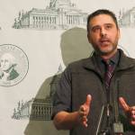 Jon Ladines,, founder and owner of Force Dynamics Security Consulting, speaks at a press conference on Wednesday Feb. 28 in support of a bill that would allow schools to implement active shooter training, potentially with firearms. (Taylor McAvoy | WNPA Olympia News Bureau)
