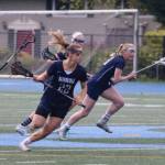 Maggie Sweeney, Mackenzie Chapman and Eleanor Collins control the midfield in action against Lake Oswego. (Lara Sweeney photo)