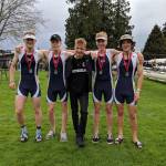 Photo courtesy of Ann Livengood | The Bainbridge Island Rowing Under 19 Men 4+ team: N. Faust, J. Philip, H. Dore, C. Lindquist and N. Sublett (cox), who brought home a Silver Medal from the recent Brentwood Regatta.
