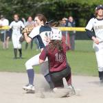 Kensey Baker makes out at second for the Spartans in their matchup against HNA. (Brian Kelly | Bainbridge Island Review)