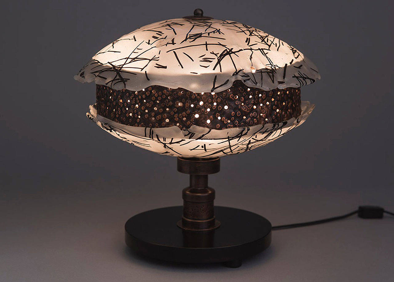 Photo courtesy of Diane Bonciolini | A lamp, a collaboration between Mesolini Glass Studio and Jerry Davis, to be displayed at Mesolini Glass at the Bainbridge Working Studios Tour.